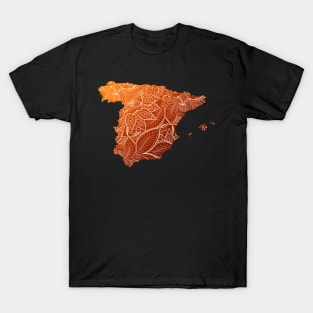 Colorful mandala art map of Spain with text in brown and orange T-Shirt